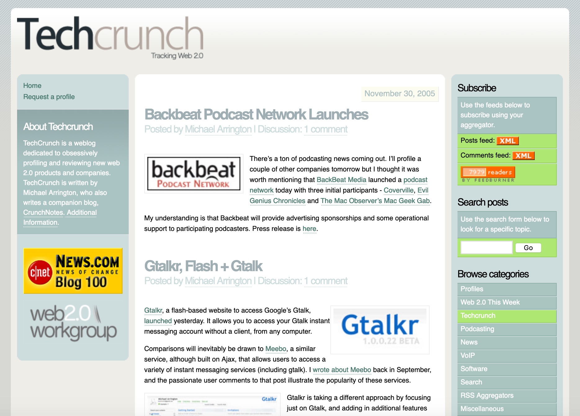 TechCrunch homepage (2005)